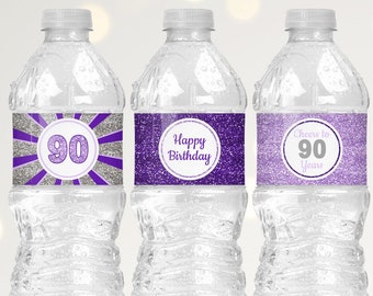 90th Birthday Water Bottle Wrappers, Purple and Silver Birthday Decorations for Women, Happy Birthday Water Bottle Labels Stickers B11