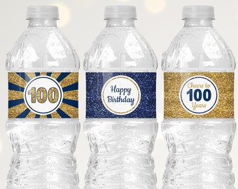 100th Birthday Decorations for Men, 100th Water Bottle Label Template in Navy Blue and Gold Glitter, Happy 100th Birthday Water Labels B11