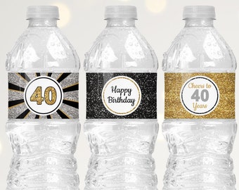 40th Birthday Water Bottle Labels, Black Gold and Silver Birthday Decorations for Women or Men, Cheers to 40 Years Happy Birthday Decor B11