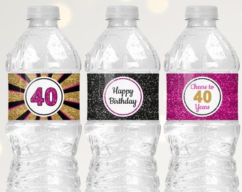 Fuchsia Black and Gold 40th Birthday Water Bottle Labels Printable, 40th Birthday Party Decorations for Women, Water Bottle Stickers B11