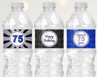 Downloadable 75th Birthday Water Bottle Labels, Black and Royal Blue Birthday Decorations for Men, Cheers to 75 Years Decoration B11