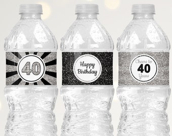 40th Birthday Water Bottle Labels Printable, Happy Birthday Water Bottle Stickers, Black and Silver Decorations 40th Birthday B11