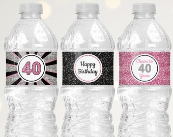 40th Birthday Water Bottle Labels, 40th Birthday Decorations for Women, Happy Birthday Water Bottle Stickers Printable Pink Black Silver B11