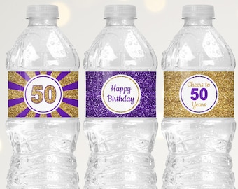 Purple and Gold Birthday Decorations, 50th Birthday Water Bottle Labels Printable, Happy Birthday, Cheers to 50 Years Digital Download B11