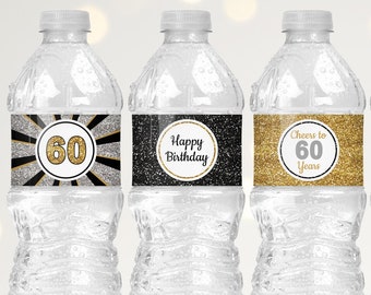 Black Gold and Silver Birthday Party Decorations, 60th Birthday Water Bottle Labels Printable, Happy Birthday Water Bottle Stickers B11