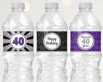 40th Birthday Decorations Purple Black and Silver Glitter, Happy 40th Birthday Water Bottle Labels Printable, Cheers to 40 Years B11