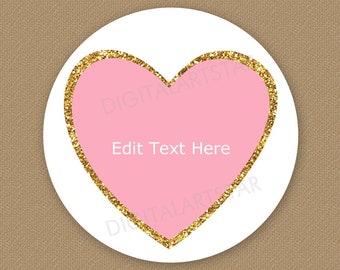 Pink Heart Favor Bag Stickers - Pink and Gold Wedding Favor Label Template - Cookie Bag Tags - Treat Bag Labels - Printable Favor Sticker W2