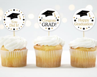Printable Graduation Cupcake Toppers, Graduation Party Decorations in White Black and Gold, Graduation Cupcake Picks, Graduation Decor G13