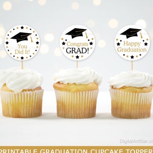 Printable Graduation Cupcake Toppers, Graduation Party Decorations in White Black and Gold, Graduation Cupcake Picks, Graduation Decor G13 image 1