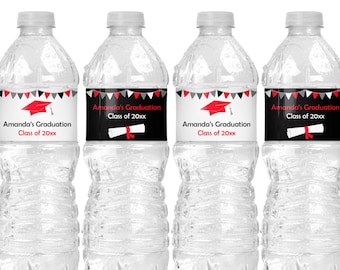 Editable Graduation Water Bottle Labels 2024 - Black and Red Graduation Water Bottle Stickers Template - Graduation Party Decorations G7