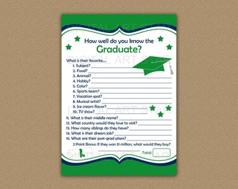 How Well Do You Know the Graduate Game 2024, Who Knows the Graduate Best Game, Printable Graduation Games, Green Graduation Party Game G1