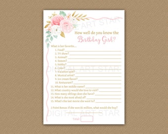 Who Knows the Birthday Girl Best, How Well Do You Know the Birthday Girl, Birthday Party Games for Her, Floral Birthday Game Printable FL1