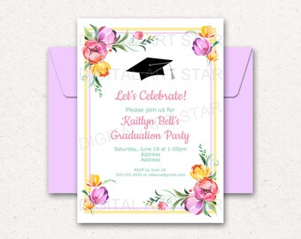 Floral Graduation Invitation Printable, Tulip Invitation Template, 2024 Graduation Invitation Digital for Her, Girl Graduation Invite