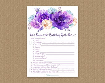 Purple Floral Birthday Game for Her, Who Knows the Birthday Girl Best, How Well Do You Know the Birthday Girl, Birthday Party Games FL2