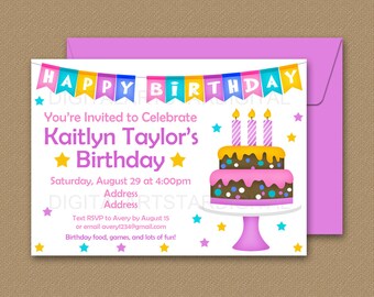Printable Birthday Invitation Girl, Happy Birthday Invitation Template, Pink and Purple Birthday Invitation, Birthday Cake Invitation B9