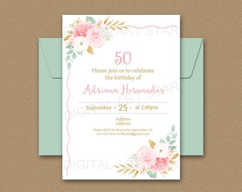 50th Birthday Invitation Editable, Golden Birthday Invitation for Women, Floral Invitation Birthday ANY AGE, Printable Invitation FL1