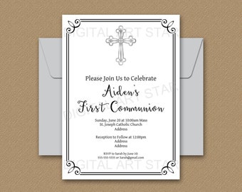 PRINTABLE First Communion Invitation Boy, First Communion Invitation Girl, First Holy Communion, Black and White Invitation Template FC2