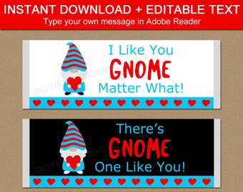 Gnome Valentine Candy Bar Wrapper Printable, Chocolate Bar Wrappers, Candy Bar Labels, Valentine Favors for Kids, Valentine Party Ideas