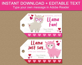 Valentine Tags for Kids Printable Llama Valentine Tag Template, Llama Valentine Favor Tags, Valentines Day Gift Tags Editable, Hang Tags