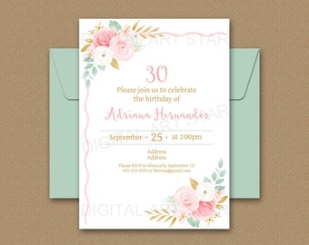 30th Birthday Invitations for Women, Floral Birthday Invitation Template ANY AGE, Pink and Gold Birthday Invitation PDF, Editable Invite FL1