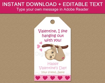 Valentines Day Tags for Kids, Sloth Valentine Printable Tags, Valentines Day Gift Tags, Editable Valentine Tag, Hang Tags Instant Download