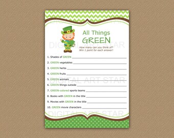 All Things Green Game - Leprechaun St Patrick's Day Game for Kids - Printable St Pats Game for Adults - St Patricks Day Activity Sheets