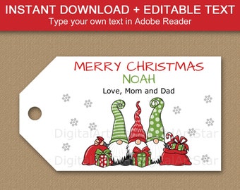 Red and Green Christmas Gnome Tag Download - Gnome Holiday Printable Tags - Christmas Gift Tag Template - Christmas Bag Tags - Favor Tags