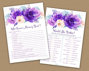 Girl Baby Shower Games Bundle, Baby Shower Games Purple Floral, Who Knows Mommy Best, Floral Baby Shower Games Printable Download FL2