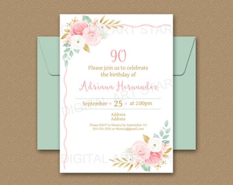 90th Birthday Invitation Printable, Floral Birthday Invitation for Women ANY AGE, Editable Birthday Invitation Template Download FL1