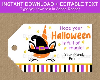 Halloween Unicorn Party Favor Tags - Girl Halloween Tags - Kids Halloween Gift Tags Printable - Editable Halloween Tags Template Download