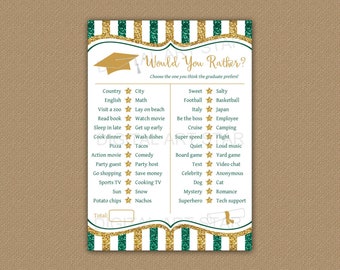 Graduation Games This or That, 2024 Graduation Games, Hunter Green and Gold Graduation Game Printable, Graduation Games Template Download G9
