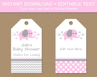 Pink Elephant Baby Shower Tags - Editable Baby Shower Favor Tags - Baby Shower Thank You Tags Elephant - Girl Baby Shower Printable Tags BB7