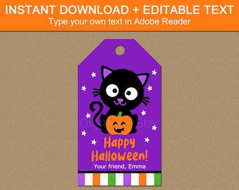 Halloween Favor Tags Black Cat Pumpkin - Halloween Gift Tags Kids - Halloween Tags Editable - Halloween Printables - Happy Halloween Tags