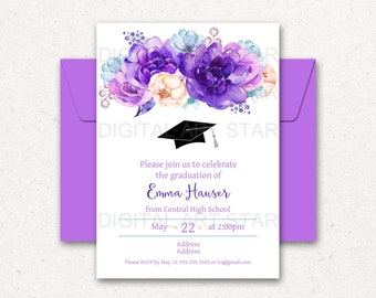 Graduation Invitation Purple, Graduation Invitation Girl, Downloadable Graduation Party Invitation Digital, Floral Invitation Printable FL2