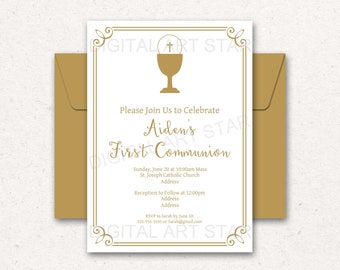 First Communion Invitation with Chalice, Boy First Holy Communion Invitation Template, 1st Communion Invitation Girls, Digital Invite FC2