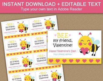 Bee My Friend Valentine Card for Kids - Bee Valentine Printable - School Valentines Day Cards - Valentine Downloadable Cards - Bag Labels