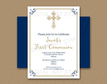 First Communion Invitation Boy Digital, Navy Blue and Gold Boys First Communion Invitation Instant Download, 1st Communion Invite Boys FC2