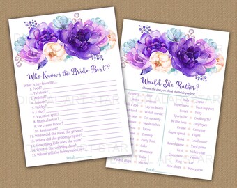 Who Knows the Bride Best Printable, Bridal Shower Games Bundle Download, Purple Bridal Shower Games Pack, Floral Bridal Shower Games FL2