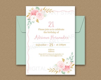 21st Birthday Invitations for Her, Floral Invitation Printable Template, Pink and Gold Birthday Invitation ANY AGE, Instant Download FL1