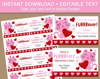 Printable Valentines for Girls, Cat Valentines Day Card, Kitty Valentine Cards for Kids, Editable Valentines for School, For Elementary