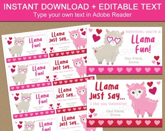 Llama Valentine Cards for Kids, Llama Valentines Day Printable Cards, Elementary School Valentines to Download, Valentine Favor Bag Labels