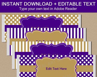 Purple and Gold Baby Shower Thank You Favors, 65th Birthday Party Favors, Printable Candy Bar Wrappers, Editable Candy Wrapper Template B3