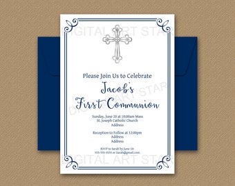 First Communion Invitation Blue, First Holy Communion Invitations for Boys, 1st Communion Invites Boys, Editable Invitation Template FC2