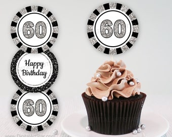 60th Birthday Cupcake Toppers Template, Black and Silver 60th Birthday Printable Cupcake Picks, Happy Birthday Party Decorations B11