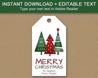 Christmas Tree Gift Tags - 3 Tree Merry Christmas Tags Printable - Elegant Christmas Gift Tag Template - Downloadable Holiday Favor Tags