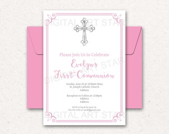 Digital First Communion Invitation Girl, First Communion Invitation PRINTABLE, Pink and White First Holy Communion Invites Girl FC2