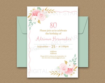 80th Birthday Invitation for Women, 80th Birthday Invitation Printable, Floral Invitation Birthday ANY AGE, Editable Invitation Template FL1