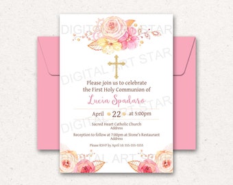 First Communion Invitation with Flowers, Girl First Communion Invitation with Cross, 1st Holy Communion Invitation Printable PDF Download