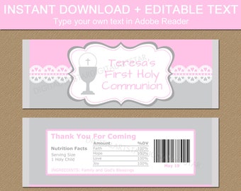 First Communion Chocolate Bar Wrappers - Printable Candy Wrappers - Girl Communion Favors Pink and Gray - First Communion Party Favors FC1