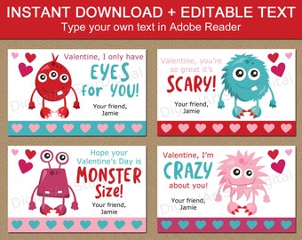 Monster Valentines Day Cards for Kids Printable Valentines for School, Valentines to Class, Valentines to Download, Valentine Cards to Print